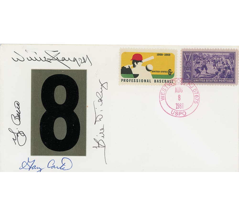 Willie Stargell, Gary Carter, Yogi Berra, Bill Dickey Signed #8 Plaque Stamped 8/8/88 Envelope with MLB Postage Stamps Gary Carter Other willie-stargell-gary-carter-yogi-berra, supplier stock photo